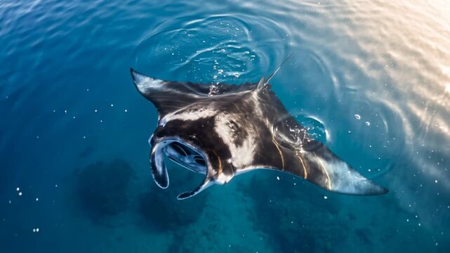 manta ray close up surface sea at morning light in tropical pacific ocean video