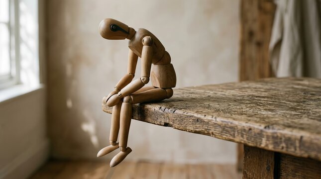 Sad wooden mannequin sitting hunched on rustic table