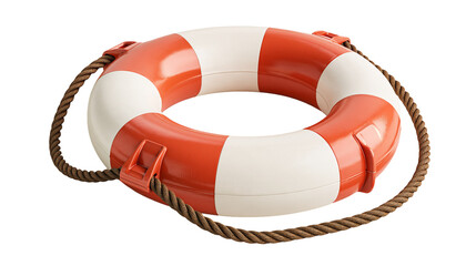 Orange and white striped plastic lifebuoy ring with brown rope © Clementine
