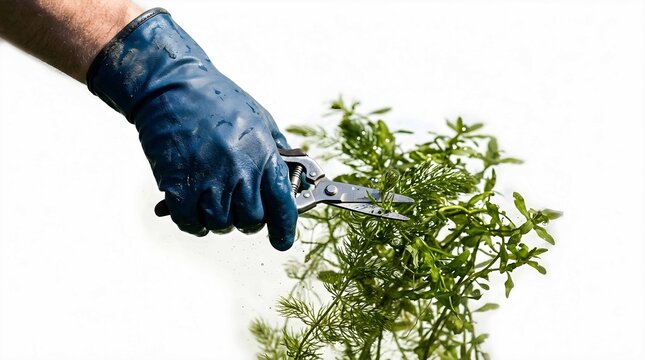 Gardener trimming green herb bush using sharp steel clippers and blue protective glove