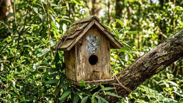 A charming rustic wooden birdhouse, featuring a delightful painted koala motif, rests securely on a tree branch amidst dense green foliage in a peaceful forest.