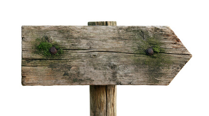 Weathered wooden arrow signpost with rusted bolts and patches of green moss © Clementine