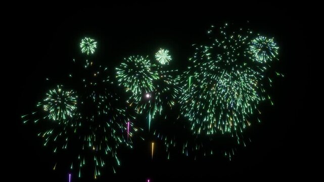 エメラルドの花火が夜空へ打ち上がり大輪に咲く10秒4Kループ動画。