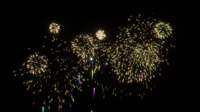 ロイヤルゴールドの花火が夜空へ打ち上がり大輪に咲く10秒4Kループ動画。
