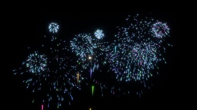 シルバーの花火が夜空へ打ち上がり大輪に咲く10秒4Kループ動画。