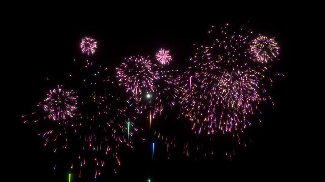 ローズピンクの花火が夜空へ打ち上がり大輪に咲く10秒4Kループ動画。