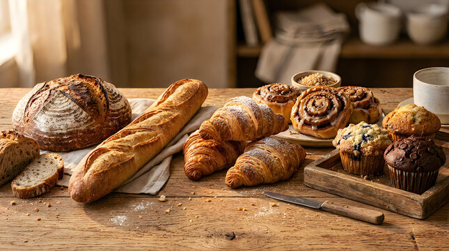 Rustic bakery display featuring artisanal sourdough bread loaves croissants chocolate muffins on a wooden table sourdough loaf baked goods