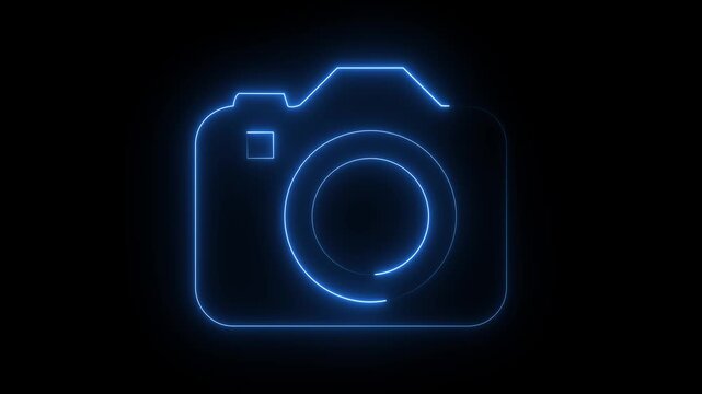 Blue neon camera icon on dark background, glowing photo lens photography symbol.