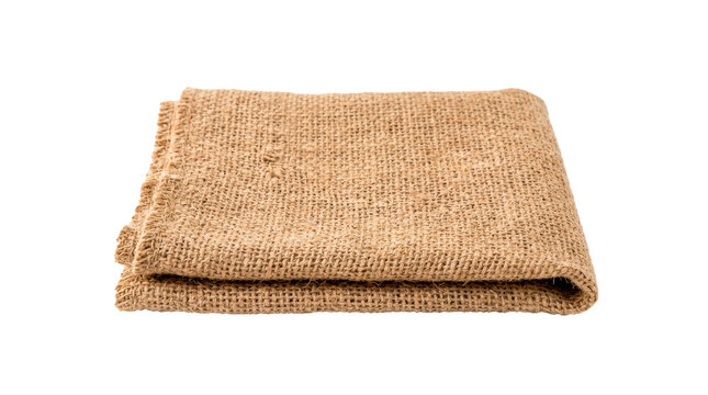 Single folded burlap cloth with coarse natural fibers, warm earthy color and rugged rustic woven texture, photorealistic, front 3/4 view, horizontal orientation, ultra-high-resolution 8K textile