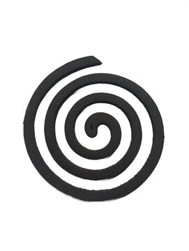 A single black mosquito coil isolated on a clean white background, showcasing a circular spiral design used for insect repellent and pest control outdoors