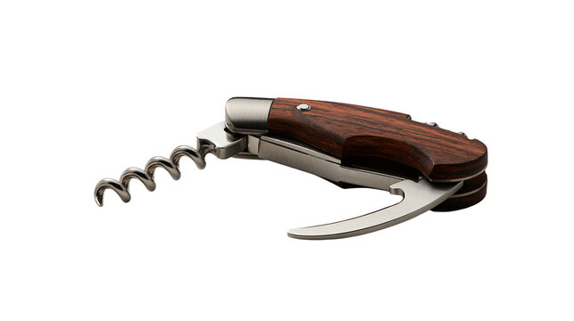 Folding pocket wine corkscrew with wooden handle and stainless steel blade
