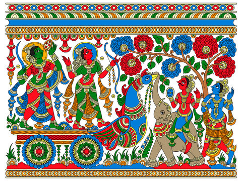 Colorful Traditional Indian Folk Illustration with Dancers, Peacock, Elephant, Floral and Ornamental Border......