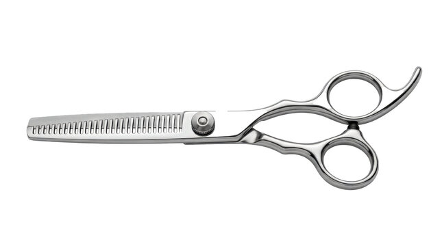 Thinning scissors with polished metal construction, one smooth cutting blade and one toothed blade, ergonomic finger rings, and professional texturizing design. Photorealistic, side 3/4 view,
