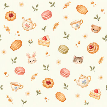 Tea time pastries and animal faces seamless watercolor pattern