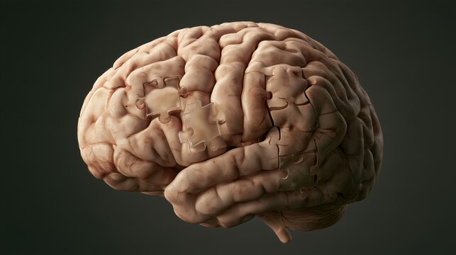 Brain model with missing pieces represents loss due to Alzheimer's disease and attempts to restore memories
