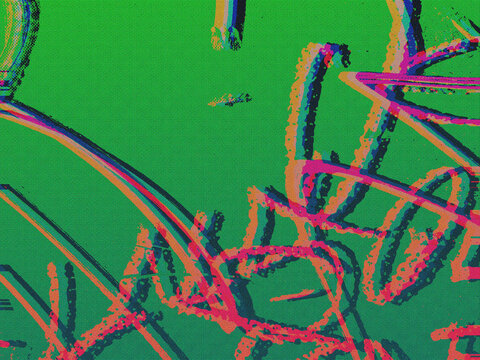 Abstract green halftone background with pink and orange graffiti brushstrokes and expressive street art dot pattern. Pairs with urban and luxury aesthetic in a bold contemporary poster design.