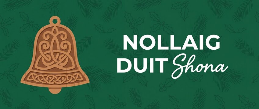 Nollaig Shona Irish Christmas bell vector banner with Celtic knot carved wooden ornament on dark green pine pattern background for traditional Gaelic Merry Christmas holiday greeting card template