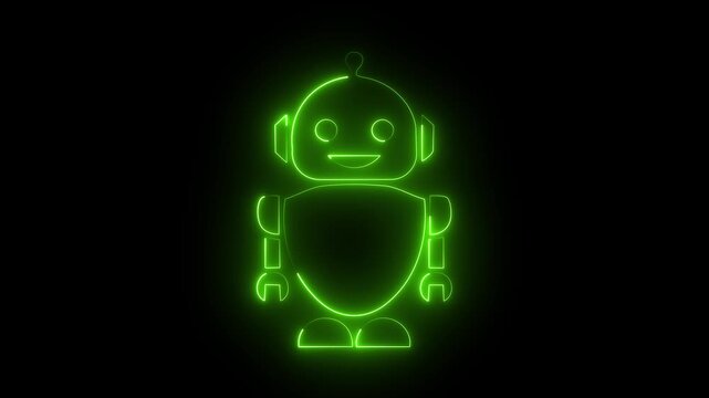 Green neon robot icon on dark background, glowing friendly bot chat bot character symbol.