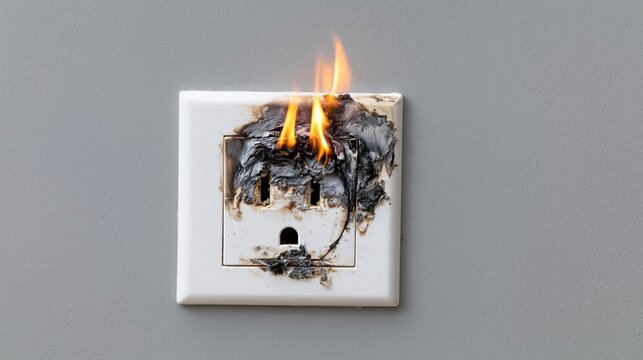 Burning electrical outlet on a gray wall with visible flames and charred plastic