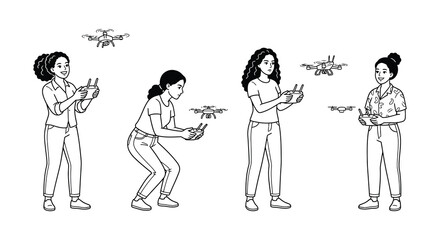 Obraz premium Women operating drones with remote controllers black vector illustration