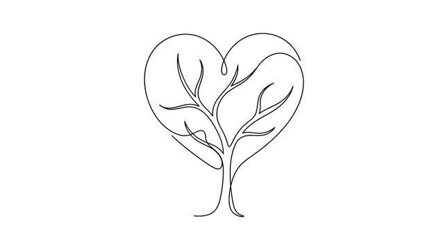 Continuous line drawing of a heart shaped tree.