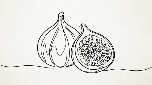 Continuous line drawing of a whole and sliced fig.