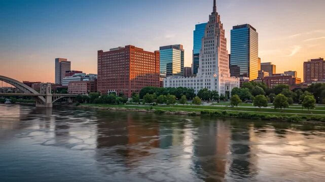 Dayton Ohio downtown cityscape beside the Great Miami River at golden hour, realistic reflections, bridge architecture and authentic American Midwest scenery