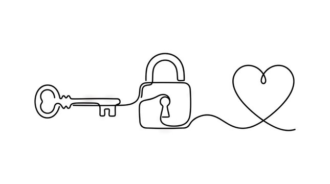 Continuous line drawing of key lock and heart symbol.