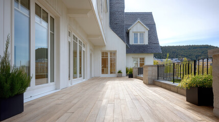 Fototapeta premium Spacious wooden terrace with modern white house, large windows, potted plants, and scenic mountain view