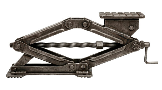 Scissor-style car jack made of heavy steel with a threaded central rod and a flat lifting saddle. Photorealistic, side 3/4 view, horizontal orientation, ultra-high-resolution 8K, on a pure white