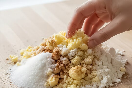 Hand mixing crumble topping with flour and sugar