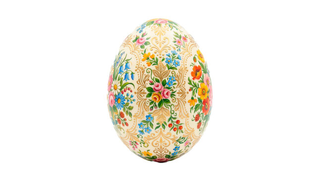 Decorated Easter egg with smooth oval shell, intricate colorful painted floral pattern, fine ornamental details, and festive handcrafted appearance. Photorealistic, front 3/4 view, vertical