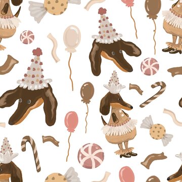 Cute Dachshund Party Seamless Pattern, Watercolor Birthday Dog, Balloons, Party Hat, and Sweets Texture for Nursery Decor, Kids Fabric, Wallpaper, Digital Paper, Gift Wrap, and Scrapbooking