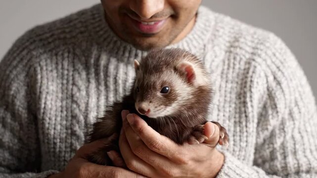 A smiling person gently holds a cute brown and white ferret, showcasing pet companionship.
