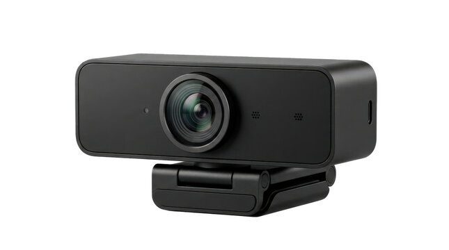 Web camera with compact rectangular body, centered glass lens, integrated mounting clip, and clean modern video-call design. Photorealistic, front 3/4 view, horizontal orientation,