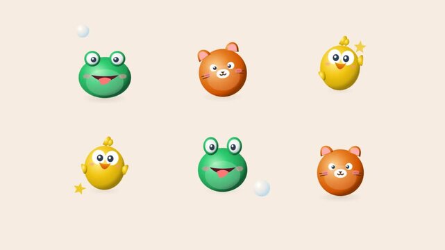 Cute 3D animal head icons set featuring animated frog, cat, and chick characters with subtle rotation, spherical cartoon avatar motion graphic on light background
