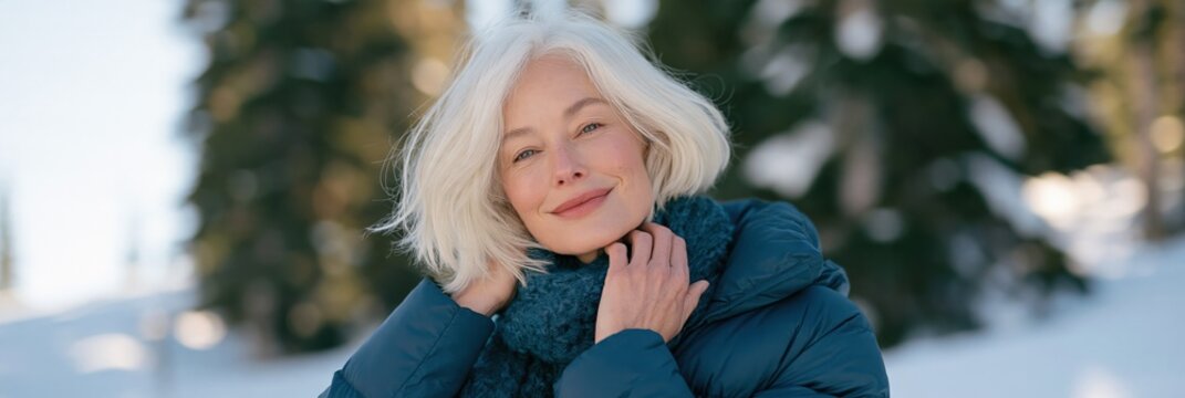Smiling mature woman in blue coat winter portrait outdoors in snowy forest for banner background and seasonal wellness marketing