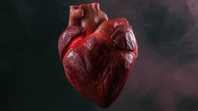Anatomical human heart model floating against dark smoky background