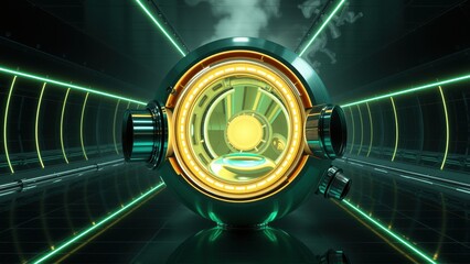 Fototapeta premium Futuristic tunnel view. Glowing sphere dominates center, radiating light. Neon lines create perspective, hinting speed, technology. Dark background emphasizes illumination.