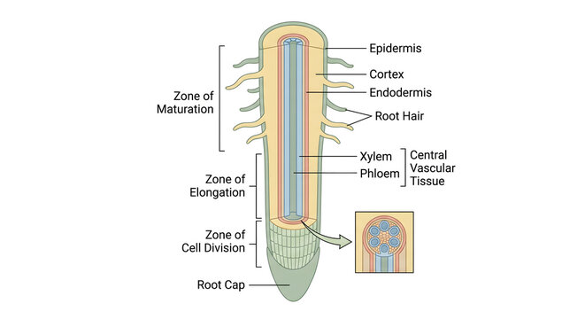 plant root anatomy diagram showing detailed cross section structure including root cap epidermis xylem phloem cortex root hairs zone of elongation and cell division for science biology education