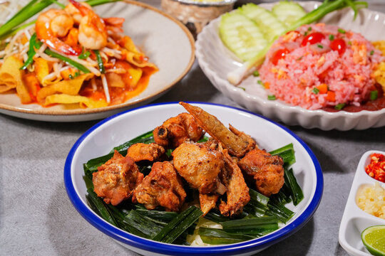 assorted thai food in flat lay composition
