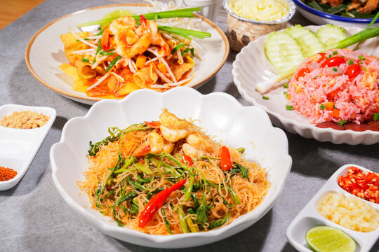 assorted thai food in flat lay composition