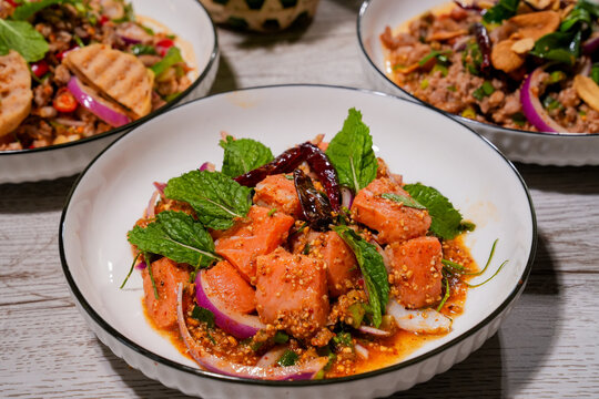 assorted thai food in flat lay composition
