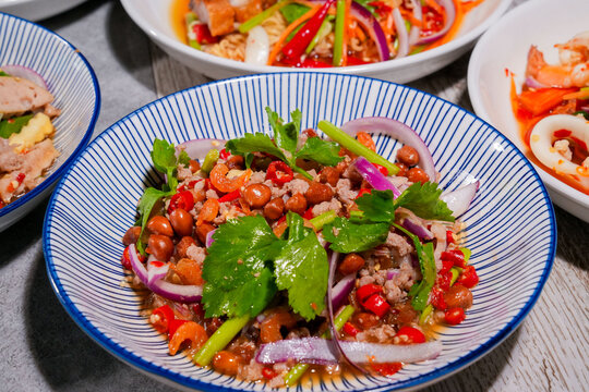 assorted thai food in flat lay composition