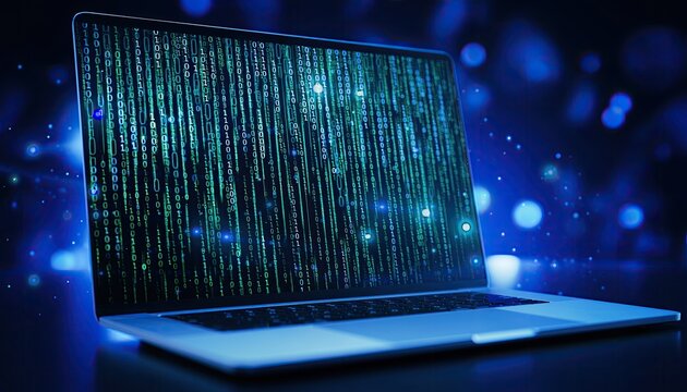 A modern laptop displays a cascade of binary code with a blurred blue background.