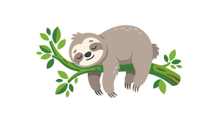 Obraz premium Cute Cartoon Sloth Sleeping Peacefully on a Tree Branch Vector Illustration