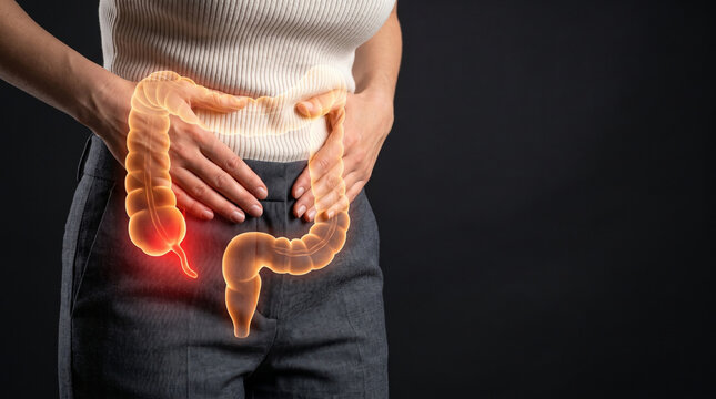 Woman holding stomach with glowing colon, appendix pain highlighted