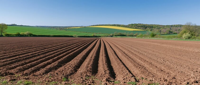Freshly plowed field with parallel furrows stretching toward rolling green hills under a clear blue sky
