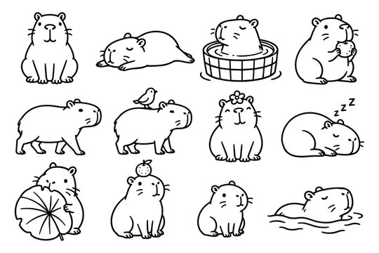 Capybara Hand Drawn Icon Set &ndash; 12 Doodle Style Vector Illustrations for Kawaii Animal, Nature and Cute Wildlife Themes