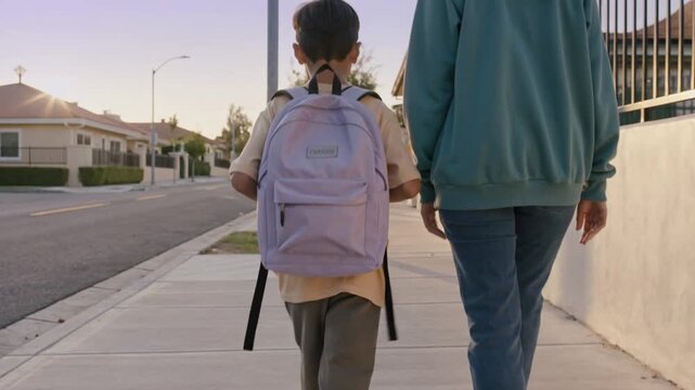 Child with light purple backpack walks alongside adult on sidewalk during first day of school, suburban neighborhood with houses and trees visible in the background